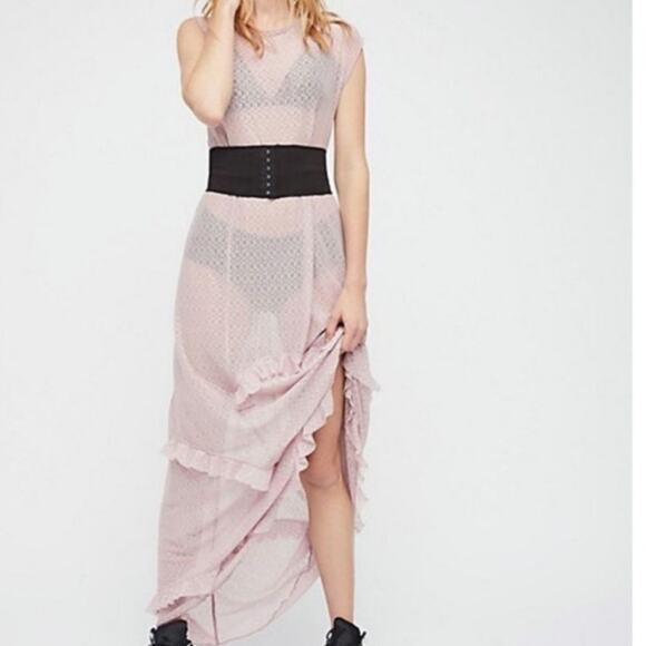 Free People Corset Sheer Dusty Rose Pink Ruffle Mesh Maxi Dress - Picture 1 of 7
